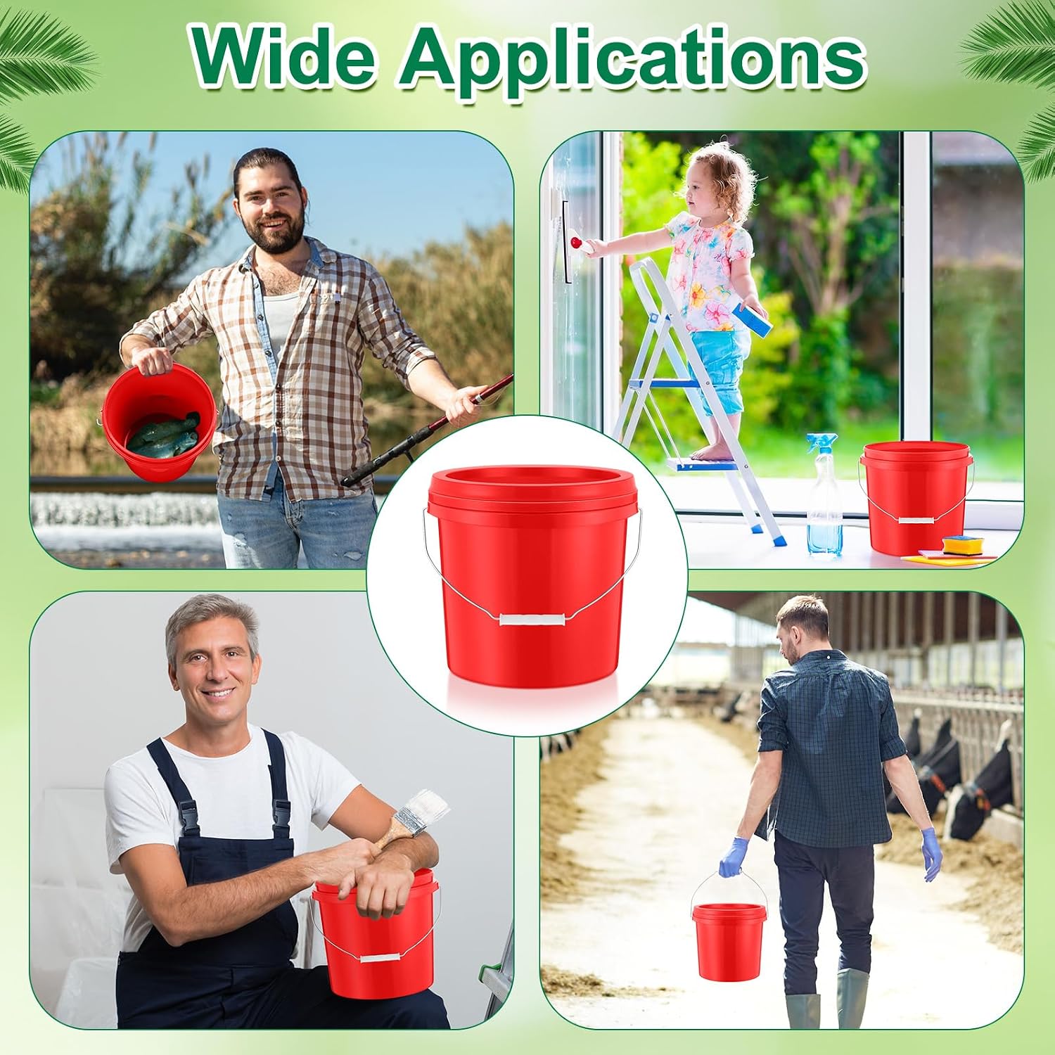 Tioncy 24 Pcs 2 Gallon Plastic Bucket with Lid Heavy Duty 2 Gallon Bucket Pail with Lid Handle for Storage Container Home Household Cleaning (Red)