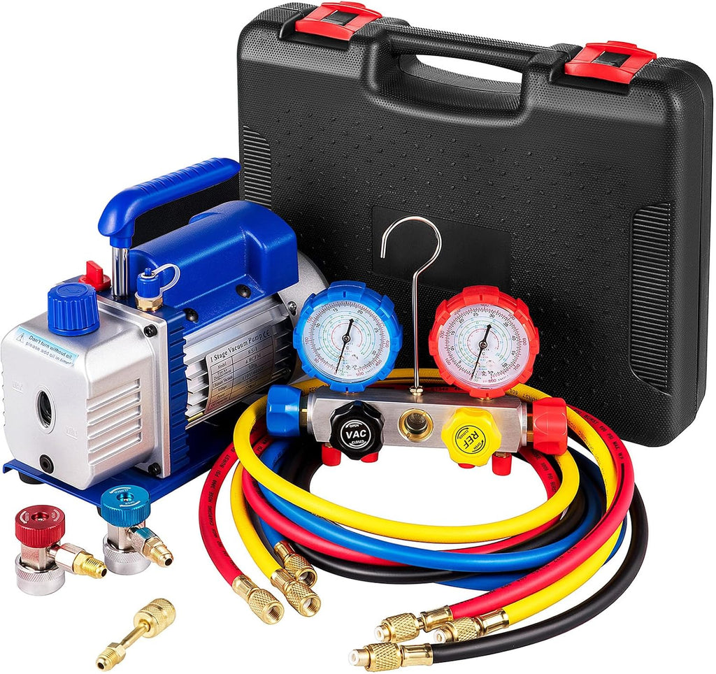 VEVOR Vacuum Pump 4.8CFM 1/4 HP Single Stage HVAC A/C Refrigeration Kit 5PA Ultimate Vacuum Manifold Gauge Set R12 R404A R410A R134A R22 HVAC AC, Manifold Gauge and Hose for Air Conditioning Systems
