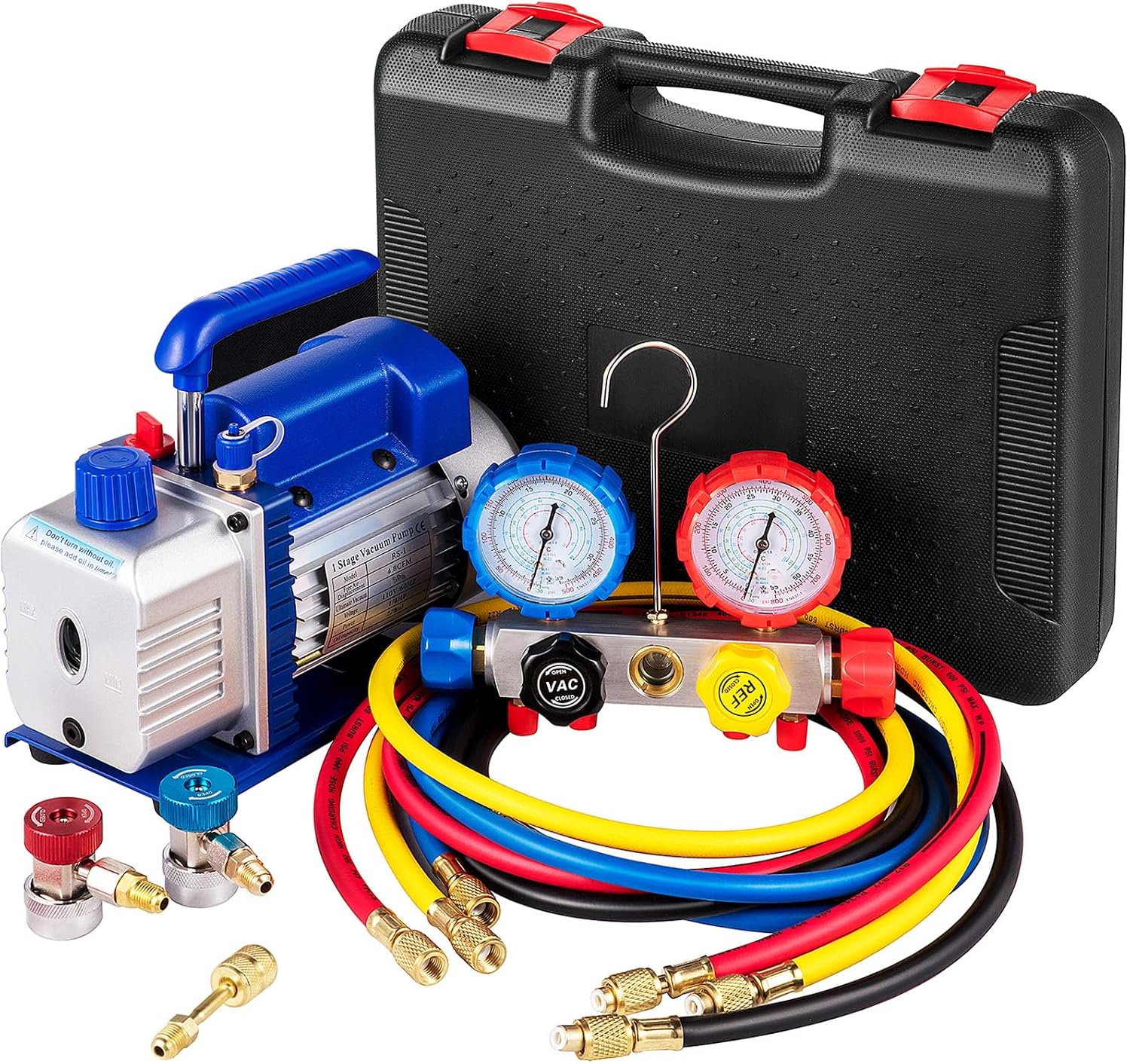 VEVOR Vacuum Pump 4.8CFM 1/4 HP Single Stage HVAC A/C Refrigeration Kit 5PA Ultimate Vacuum Manifold Gauge Set R12 R404A R410A R134A R22 HVAC AC, Manifold Gauge and Hose for Air Conditioning Systems
