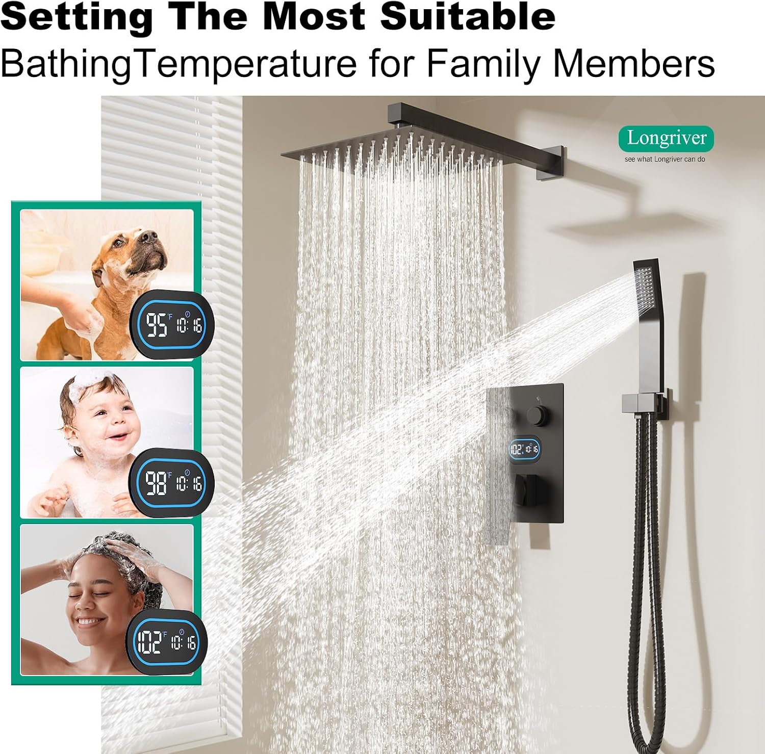 Push Button Diverter Shower Faucet Set, Hydro Power Temperature Display, Shower System 10 Inch Shower Head with Handheld Spray, Wall Mounted Shower Fixtures with Shower Valve and Trim Kit, Matte Black