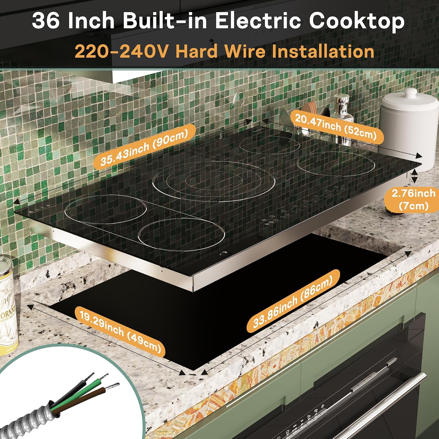 36 Inch Electric Cooktop 5 Burner, Built-in Electric Stovetop with Flexible Bridge & Triple Ring Burner, 9600W Cooktop Electrics with BBQ Burner, Timer, Safety Lock,Pause, 220V-240V Hard Wire
