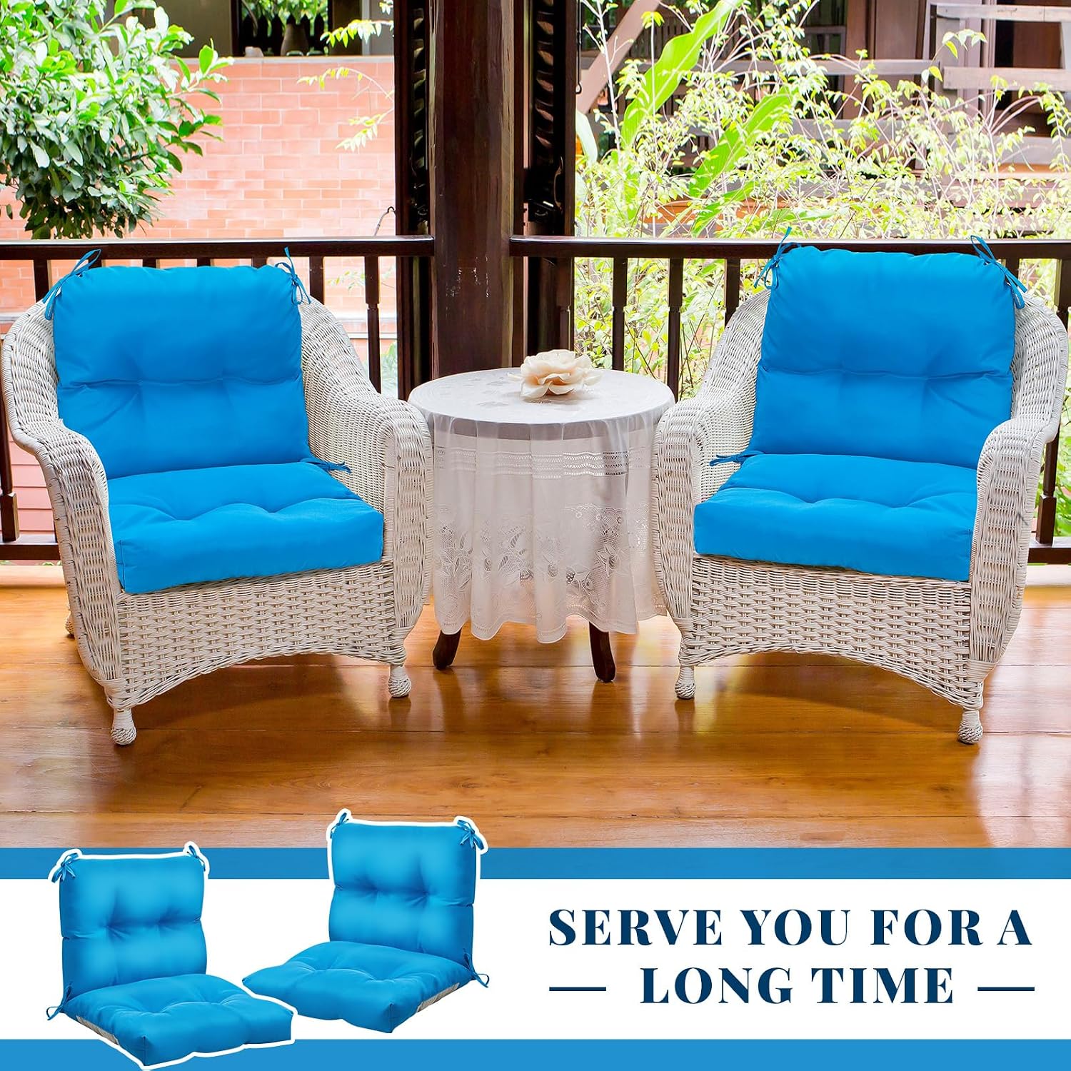 Geetery Outdoor Chair Cushions Set of 4 High Back Patio Furniture Replacement Seat Pads with Ties 42x21x4' for Lawn Porch Wicker Rocking Dining Chairs Weather Resistant Fade Resistant(Blue)