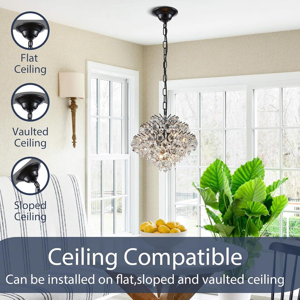 Bestier Black Modern Pendant Chandelier Crystal Raindrop Lighting Ceiling Light Fixture Lamp for Dining Room Bathroom Bedroom Livingroom 4 G9 Bulbs Required D11 in x H12 in