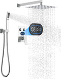Push Button Diverter Shower Faucet Set Hydro Power Temperature Display, Shower System 10 Inch Shower Head with Handheld Spray, Wall Mounted Shower Fixtures with Valve and Trim Kit, Polished Chrome