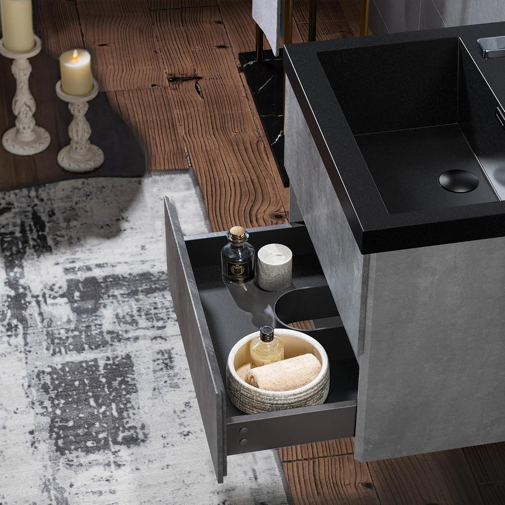 WOODBRIDGE 24 in. W x 19 in. D Wall Mounted Floating Bathroom Vanity in Gray with Quartz Sand Composite Vanity Top in Matte Black