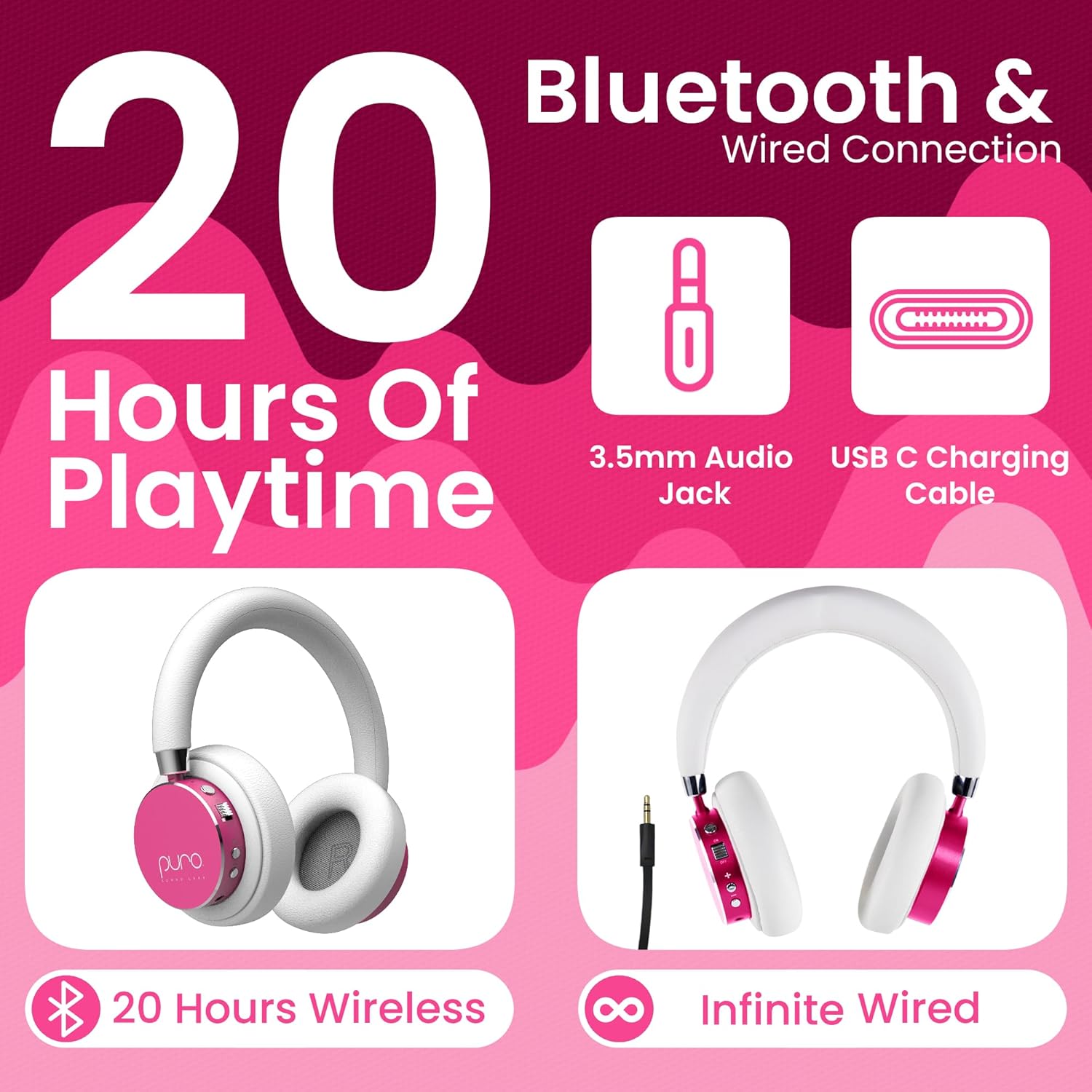 Puro Sound Labs BT2200 Plus Volume Limited Headphones for Kids, Bluetooth, Studio-Grade Audio, Over-Ear & Comfy Design, 20-Hr Battery Life, Easy to Connect Wireless Headphones for Kids, Purple & Pink