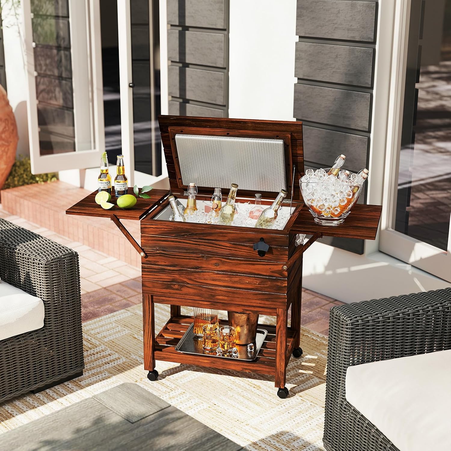 Moccha 54-Quart Rolling Cooler Cart - Wooden Rolling Ice Chest Cooler Cart w/ 2 Drop Leaf Tables, Bottle Opener, Pine Wood Outdoor Beverage Cooler, Patio Cooler on Wheels for Parties Yard Pool Deck