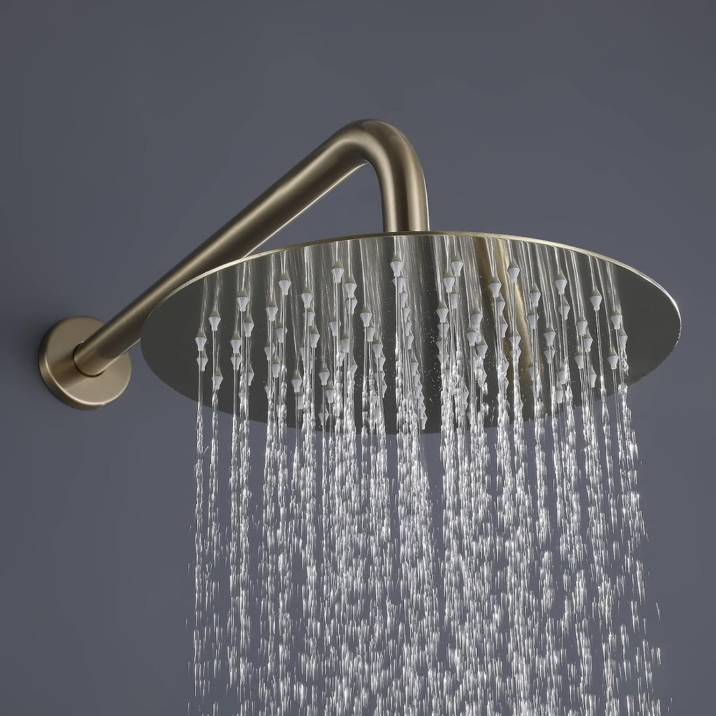 RBROHANT Gold Shower System Brass Shower Faucet Set, 10 Inch High Pressure Round Rain Shower Head with Handheld Spray, Wall Mounted, Rough-in Valve Included, Brushed Gold, RCS81010BG