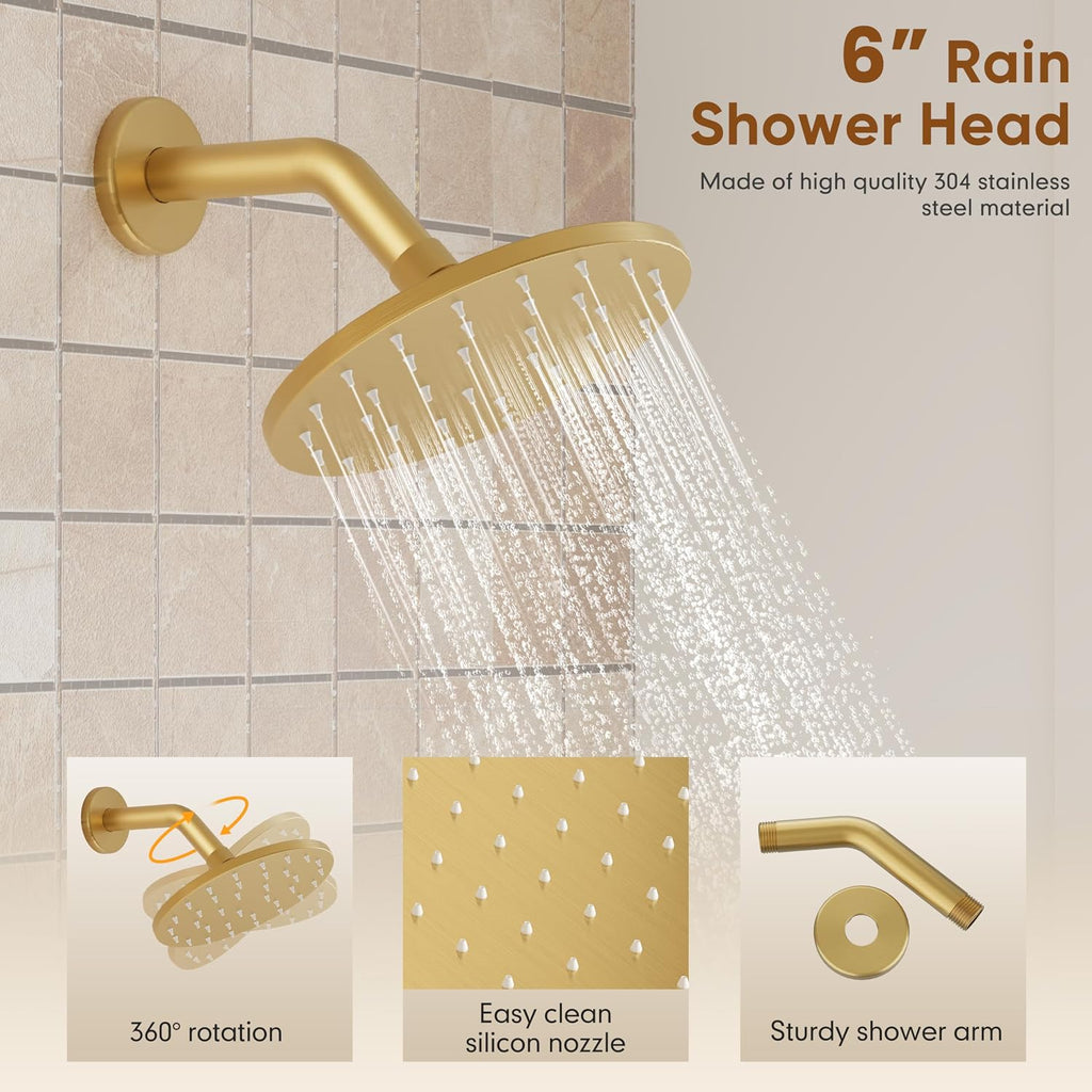 Tub Shower Faucet, Gold Shower Faucet Set with 6-Inch All-Metal Rainfall Showerhead and Bathtub Spout, Single-Handle Tub Shower-Trim Kit Included Valve, Brushed Gold