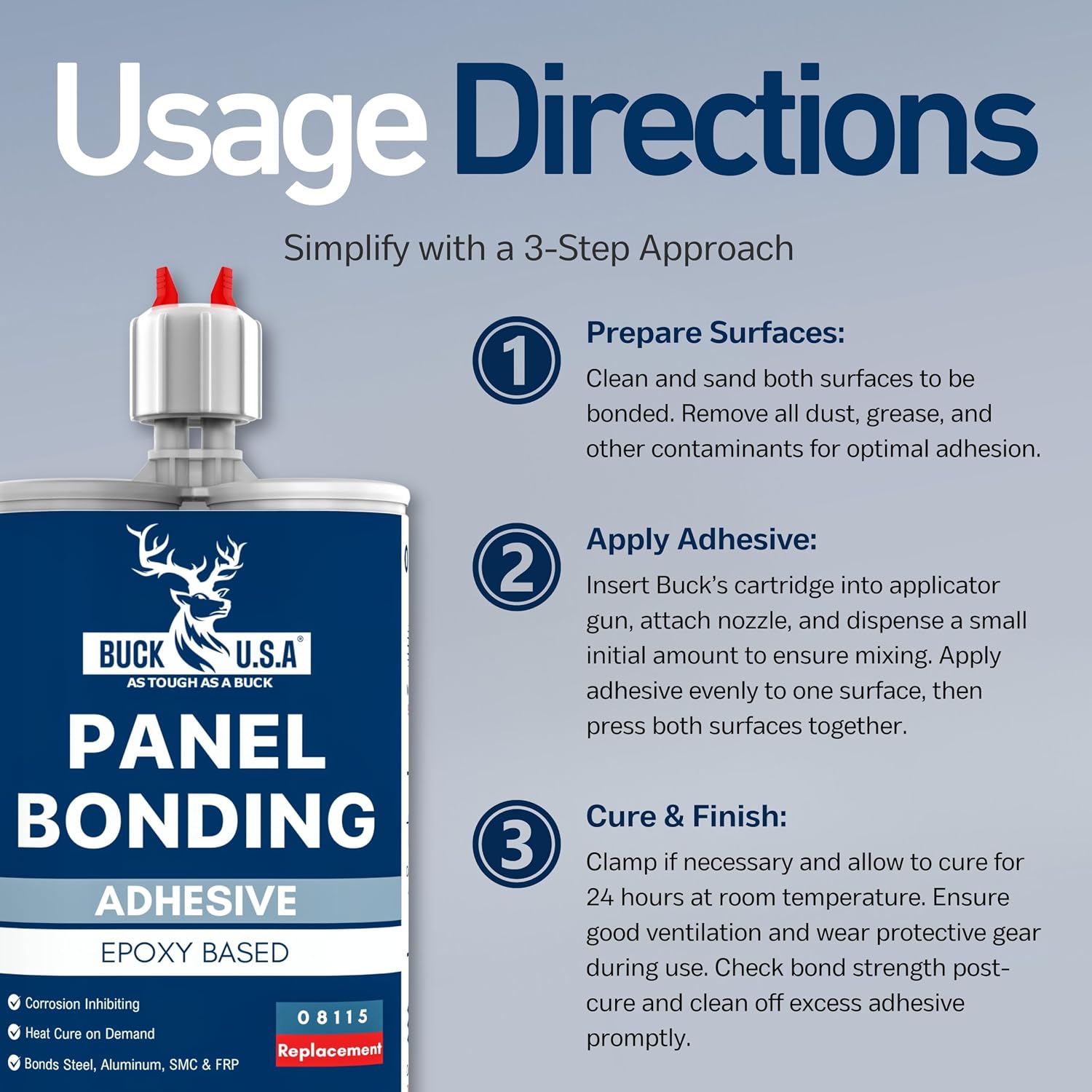 2 Pack Buck Panel Bonding Adhesive & Dual Cartridge Epoxy Gun (1:1 & 2:1) – 400ml Two-Part Epoxy, 08115 Replacement with High-Thrust Applicator for Automotive & Structural Repair