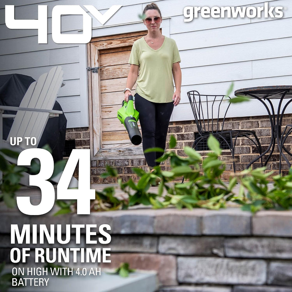 Greenworks 40V (120 MPH / 450 CFM / 75+ Compatible Tools) Cordless Axial Leaf Blower, 4.0Ah Battery and Charger Included
