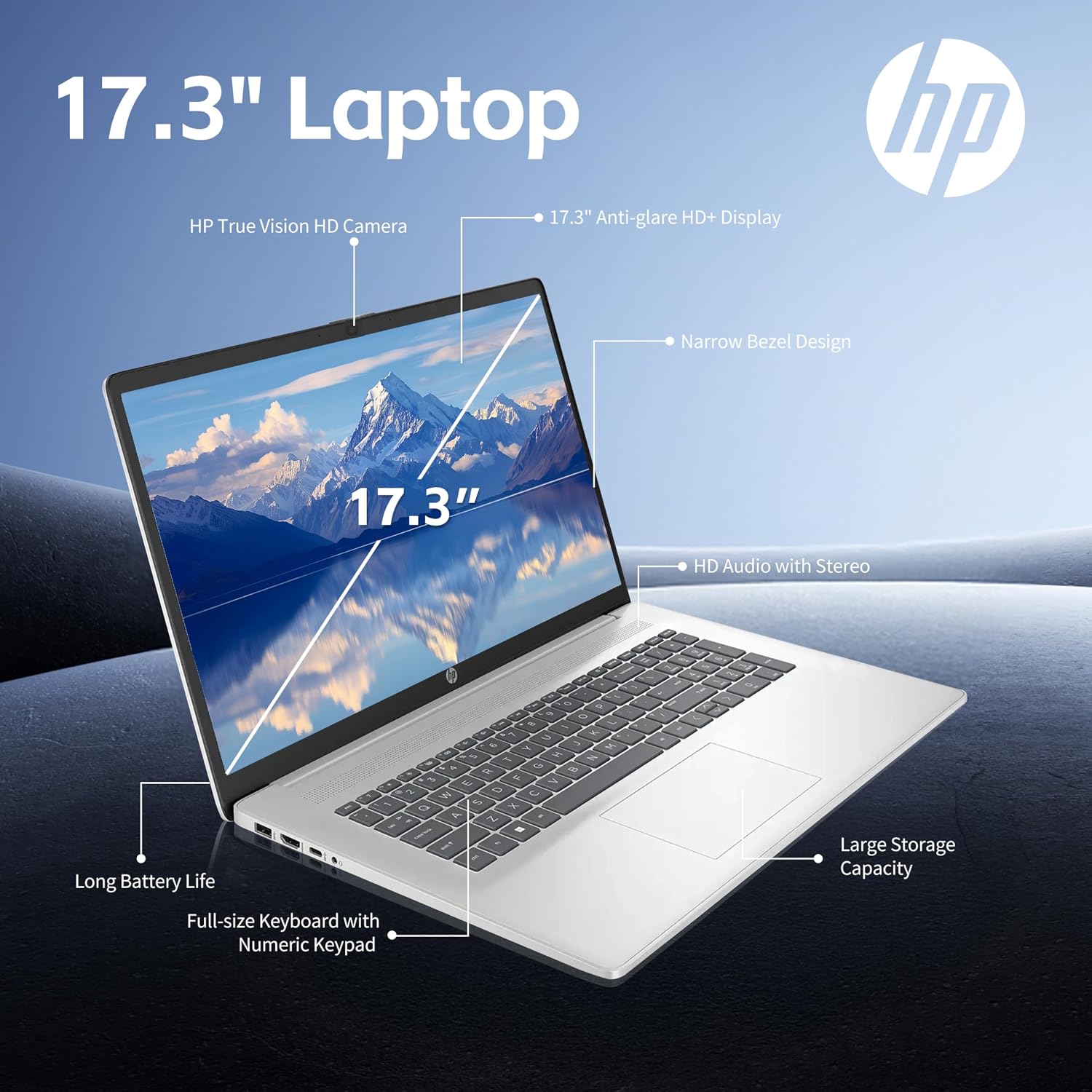 HP 17.3 inch Laptop, Intel Core i3 Processor, Anti-Glare HD+ Display, Intel UHD Graphics, 32GB RAM, 1TB SSD, Windows 11 Home, Webcam, Wi-Fi, Bluetooth, Natural Silver, Alpacatec Accessories