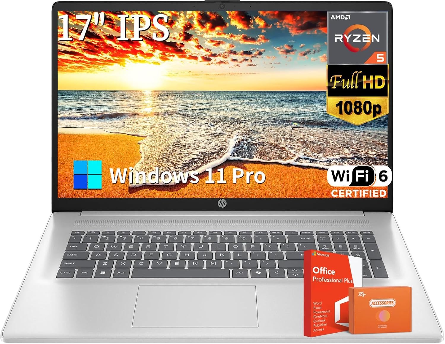 HP 17 inch Business Laptop, Office Lifetime License, 17.3' FHD Display, AMD Ryzen 5 7430U Processor, 64 GB RAM, 2 TB SSD, Wi-Fi 6, HDMI, Long Battery Life, Windows 11 Pro, w/Accessories
