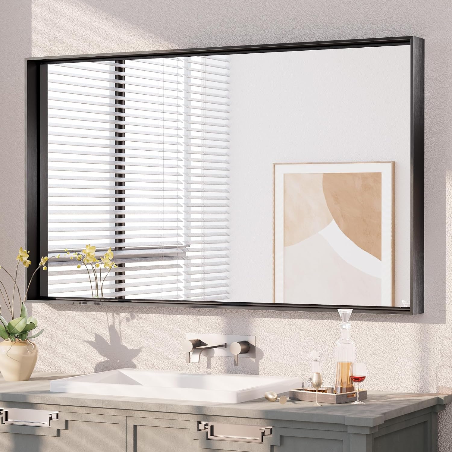 Keonjinn Black Bathroom Mirror 40 x 24 Inch, Metal Frame Black Mirror for Over Sink, Brushed Black, Modern Farmhouse, Square Corner Rectangular Mirrors for Wall(Horizontal/Vertical)