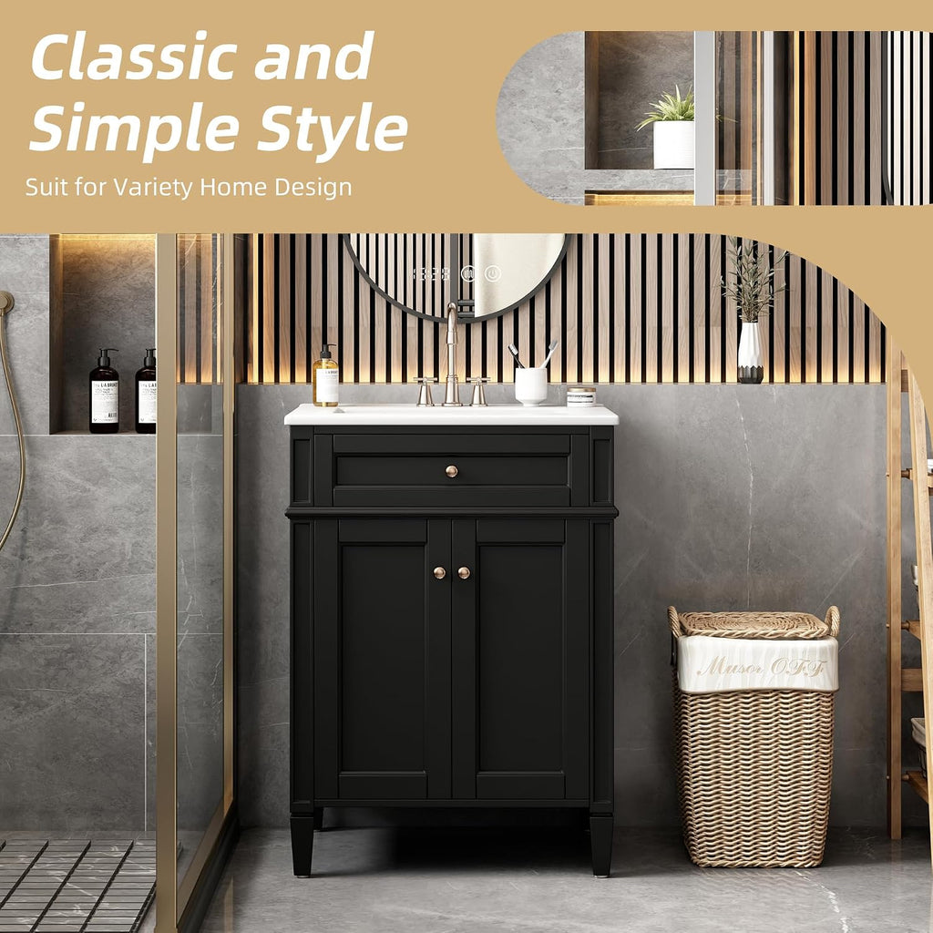 24-inch Bathroom Vanity with Sink Combo, Free-Standing Single Storage Cabinet with Tilt-Out Drawer, 2 Doors, Adjustable Shelf & Storage Rack, Vanity with Ceramic Basin for Bathroom (Black)
