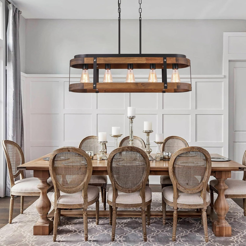 Rustic Farmhouse Wood Kitchen Island Lighting, 5 Lights Rectangular Pendant Light Fixture, Adjustable Rods Oak Wood and Metal Linear Chandelier for Kitchen Island Farmhouse Dining Room, Black