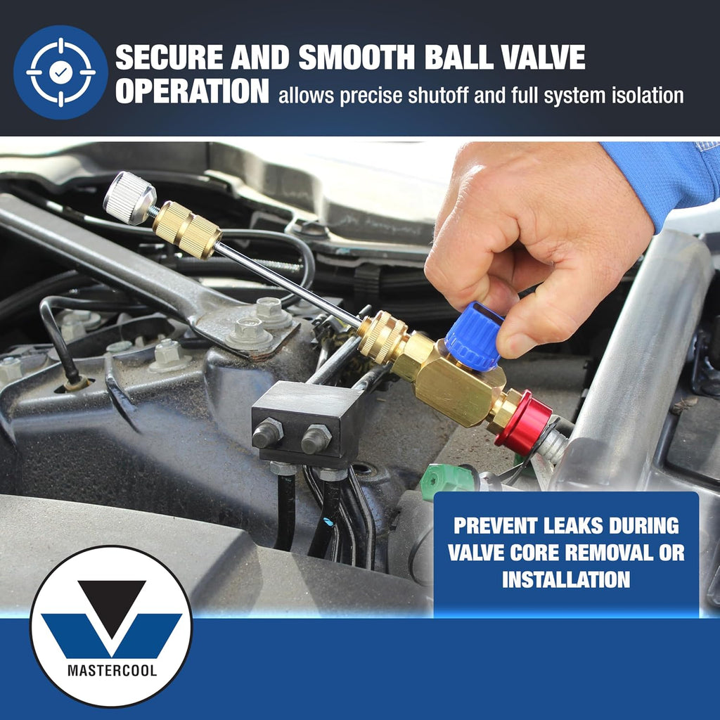 Mastercool 58490-YF R1234yf Valve Core Remover/Installer Kit – Services Standard Valve Cores Under Pressure – Includes 17mm & 14mm R1234yf Fittings and Storage Case