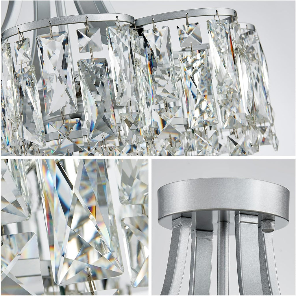 WUZUPS Crystal Chandelier Semi-Flushmount Ceiling Light Modern Lighting Fixture for Bedroom Hallway Entry Kitchen Bathroom, H 19.3' x W 18.3', E12 Base, Silver