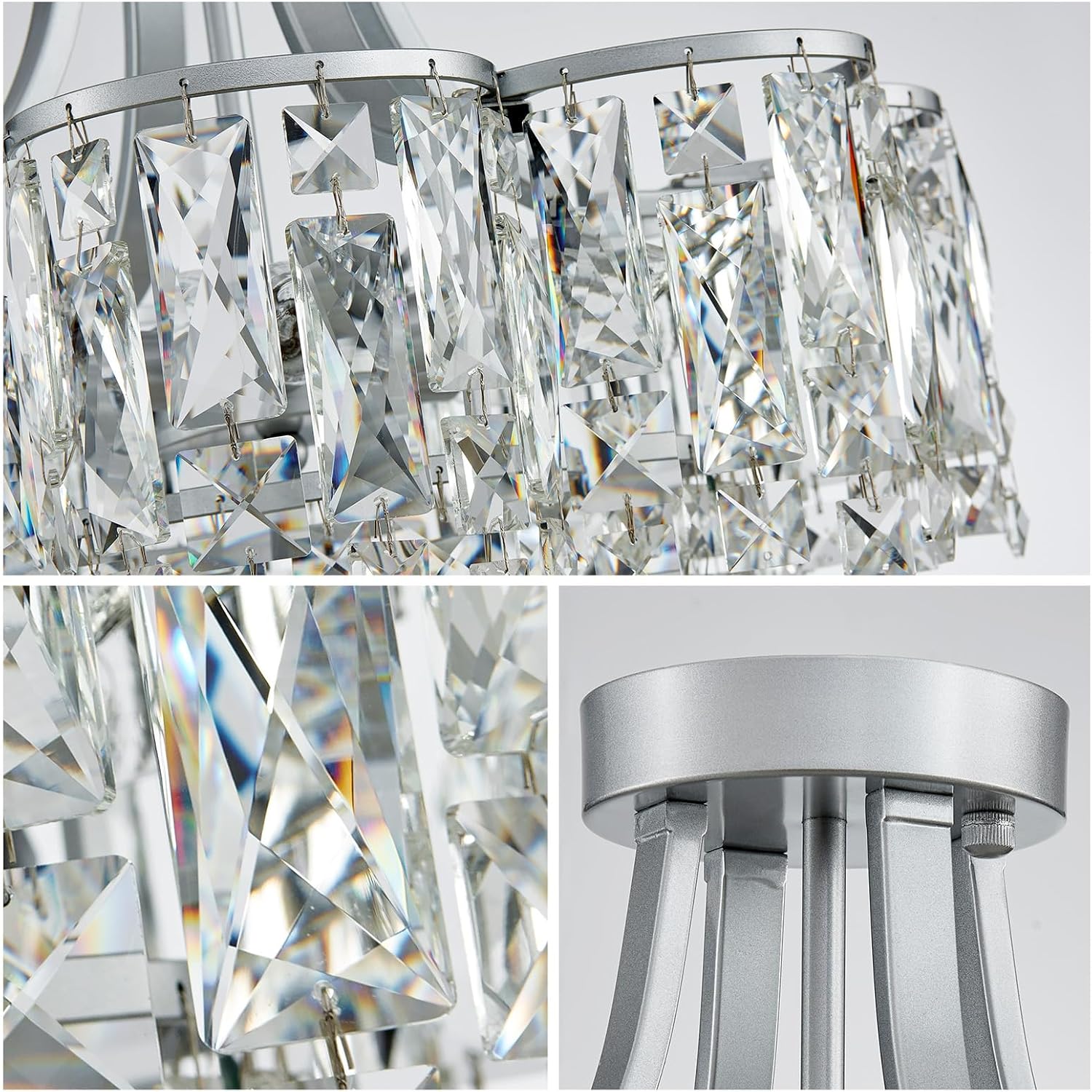 WUZUPS Crystal Chandelier Semi-Flushmount Ceiling Light Modern Lighting Fixture for Bedroom Hallway Entry Kitchen Bathroom, H 19.3' x W 18.3', E12 Base, Silver