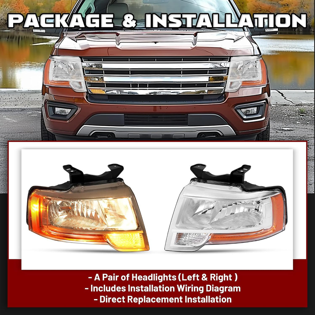 HECASA Pair Headlight Assembly w/LED Indicator Compatible with 2015 2016 2017 Ford Expedition Headlamp w/Bulbs Driver & Passenger Side Clear Lens Chrome Housing Replacement for FO2503346 FO2502346
