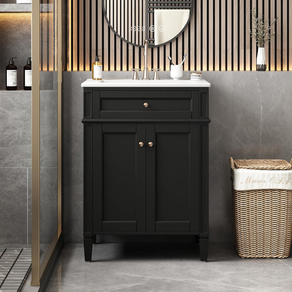 24-inch Bathroom Vanity with Sink Combo, Free-Standing Single Storage Cabinet with Tilt-Out Drawer, 2 Doors, Adjustable Shelf & Storage Rack, Vanity with Ceramic Basin for Bathroom (Black)