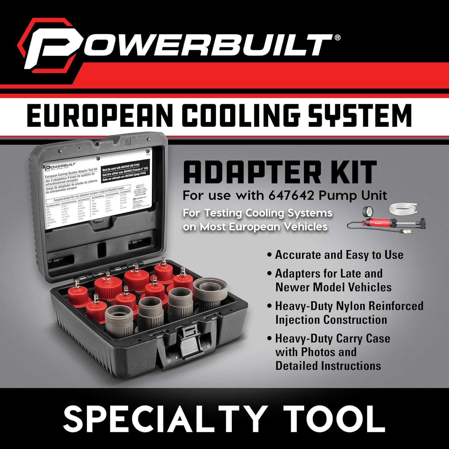 Powerbuilt Cooling System Pressure Tester Adapter Kit for European Vehicles – 12-Piece Set for Audi, BMW, VW, Mercedes & More – Works with Model 647642 Pressure Testing Pump - 647644