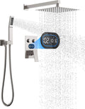 Push Button Diverter Shower Faucet Set Hydro Power Temperature Display, Shower System 10 Inch Shower Head with Handheld Spray, Wall Mounted Shower Fixtures with Valve and Trim Kit, Brushed Nickel
