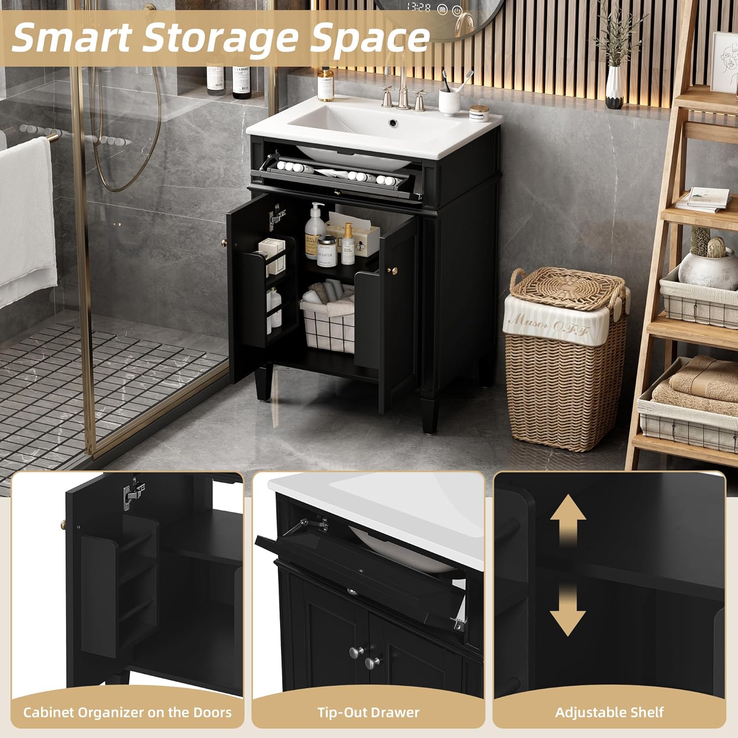 24-inch Bathroom Vanity with Sink Combo, Free-Standing Single Storage Cabinet with Tilt-Out Drawer, 2 Doors, Adjustable Shelf & Storage Rack, Vanity with Ceramic Basin for Bathroom (Black)