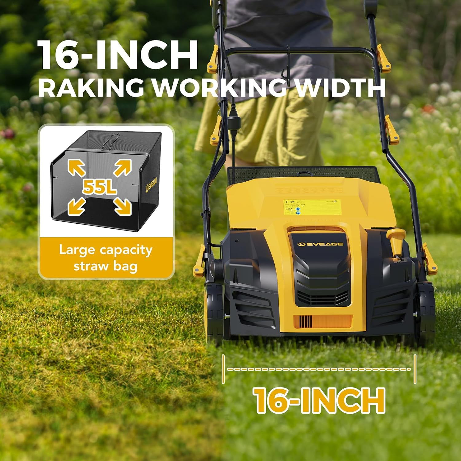 EVEAGE 16-Inch 15 Amp Electric Corded Dethatcher & Scarifier, 5-Position Depth Adjustment, 14.5gal Collection Bag, Increases Lawn Health, EDS16S-A