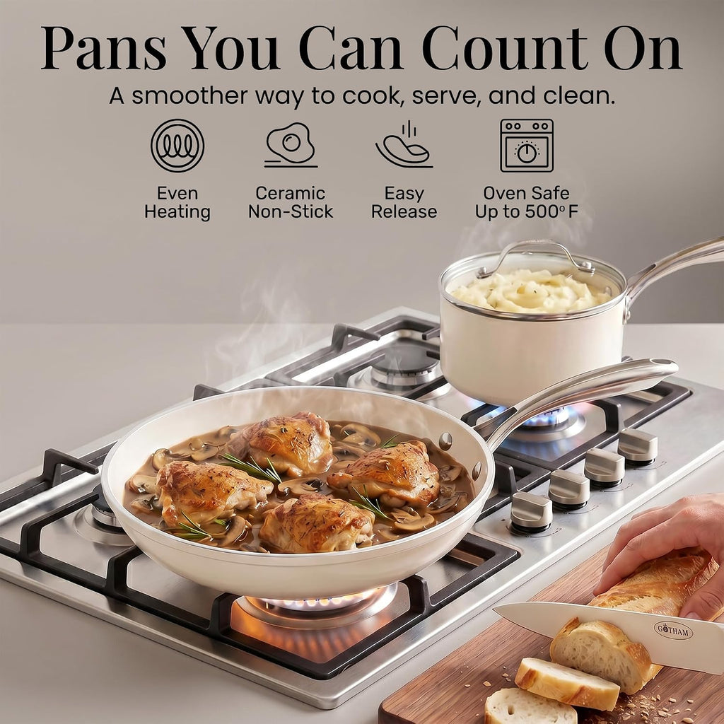 Gotham Steel 20pcs Pots and Pans Set Non Stick Ceramic Cookware Set with Deep Frying Pan Set & 6pc Knife Set, Made without PFOA PFOS, Lasts 2x Longer, Oven & Dishwasher Safe