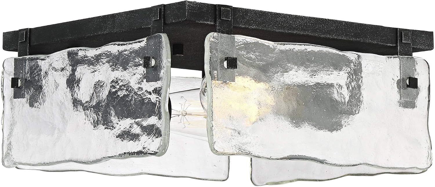 360 Lighting Cassington Rustic Farmhouse Ceiling Light Flush-Mount Fixture 11 3/4' Wide Washed Black Hand Blown Glass Panels for Bedroom Kitchen Living Room Hallway Dining Bathroom House