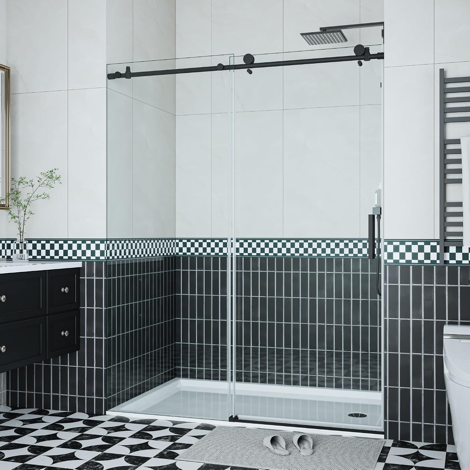 Frameless Sliding Glass Shower Door 56–60 Inch W x 76 Inch H – Single Sliding Door with Fixed Panel, 8mm Tempered Glass, Stainless Steel Round Rail, Matte Black
