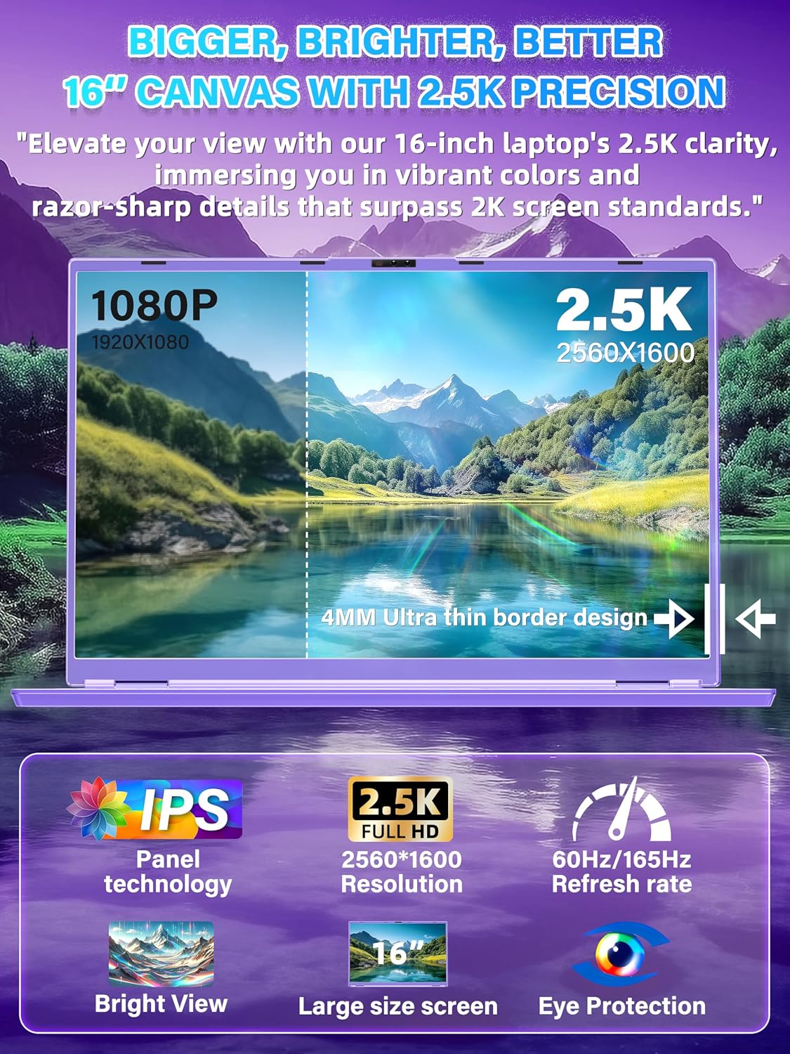 16' Purple Laptop, 1920x1200 FHD IPS Display, Quad-Core N95 Processor (Up to 3.4GHz), 16GB RAM 512GB SSD, Color Backlit KB, Face Recognition & Gesture Touchpad, Win 11 Pro, for Business Student