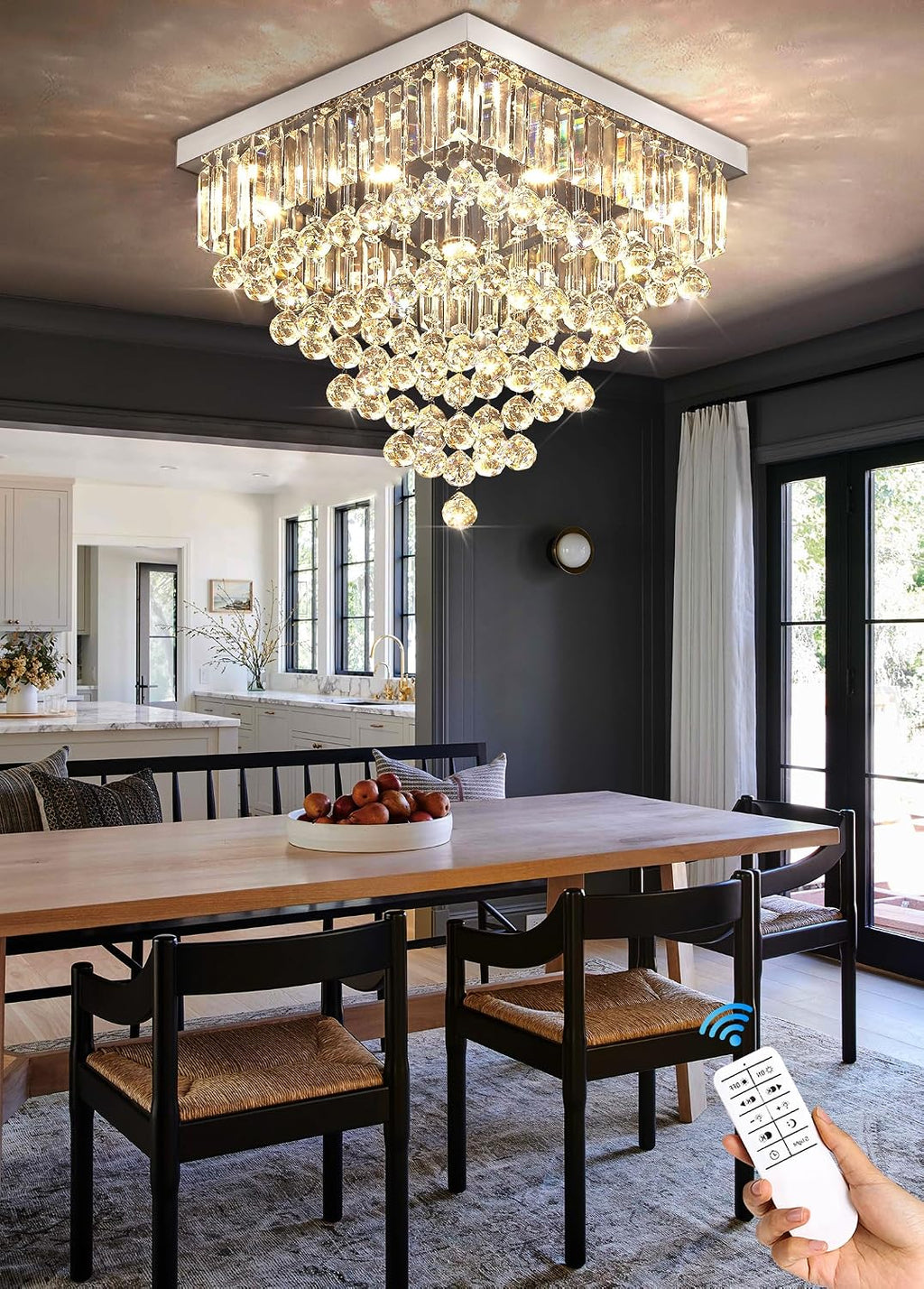 Luxury 20' Square K9 Crystal Flush Mount Chandelier, Modern Silver 6-Light LED Ceiling Light, Dimmable Chandeliers Fixture for Dining Room, Living Room, Bedroom, Entryway