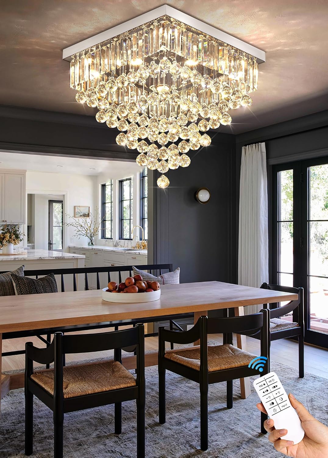 Luxury 20' Square K9 Crystal Flush Mount Chandelier, Modern Silver 6-Light LED Ceiling Light, Dimmable Chandeliers Fixture for Dining Room, Living Room, Bedroom, Entryway