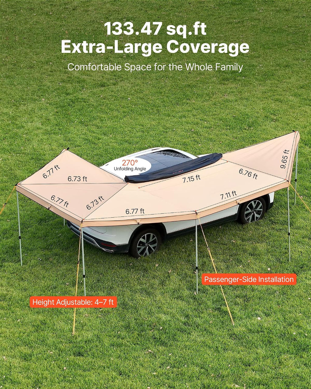 VEVOR 270 Degree Awning, 133 sq.ft Passenger Side Vehicle Awning, UV50+ Waterproof Car Side Awnings with Carry Bag, All-Weather Overland Awnings Car Shelter for SUV Van Truck Camping