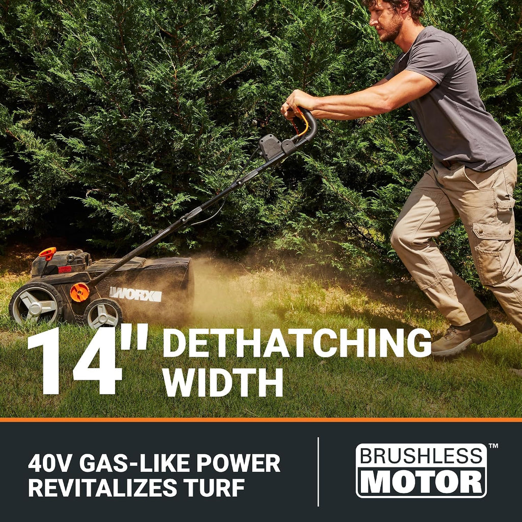 Worx 40V Cordless Lawn Dethatcher, 2 in 1 Dethatcher & Scarifier with Brushless Motor, Electric Dethatcher Removes Deep Thatch & Improves Grass Health, 2 × 4.0 Ah Batteries & Charger Included, WG855