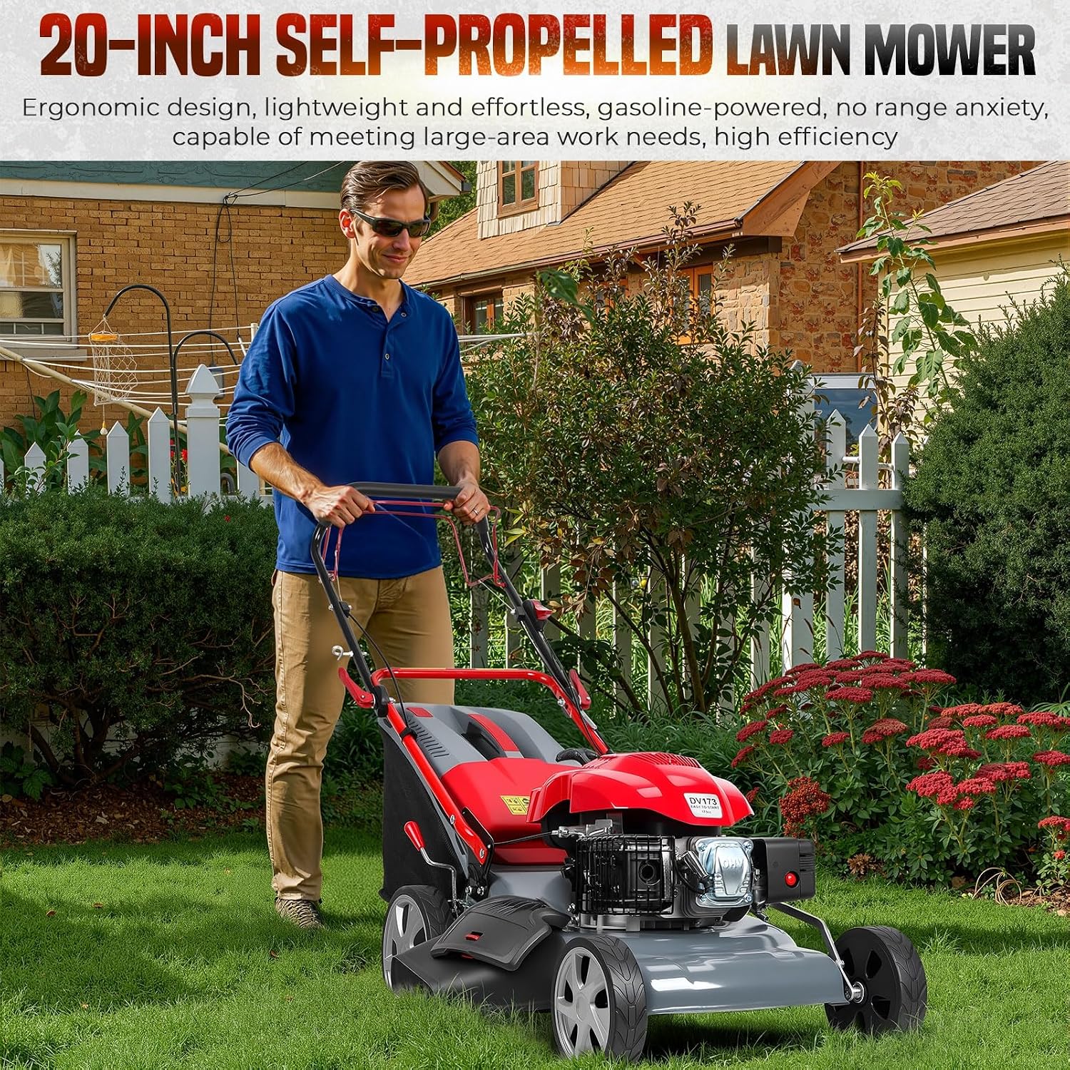Rodiuiu 3 in 1 Gas Lawn Mower Self Propelled,131 OHV Engine with Air Cooling, 20' Steel Deck, 8-Level Height Adjustment, 50L Grass Tank, Foldable Design (173CC)