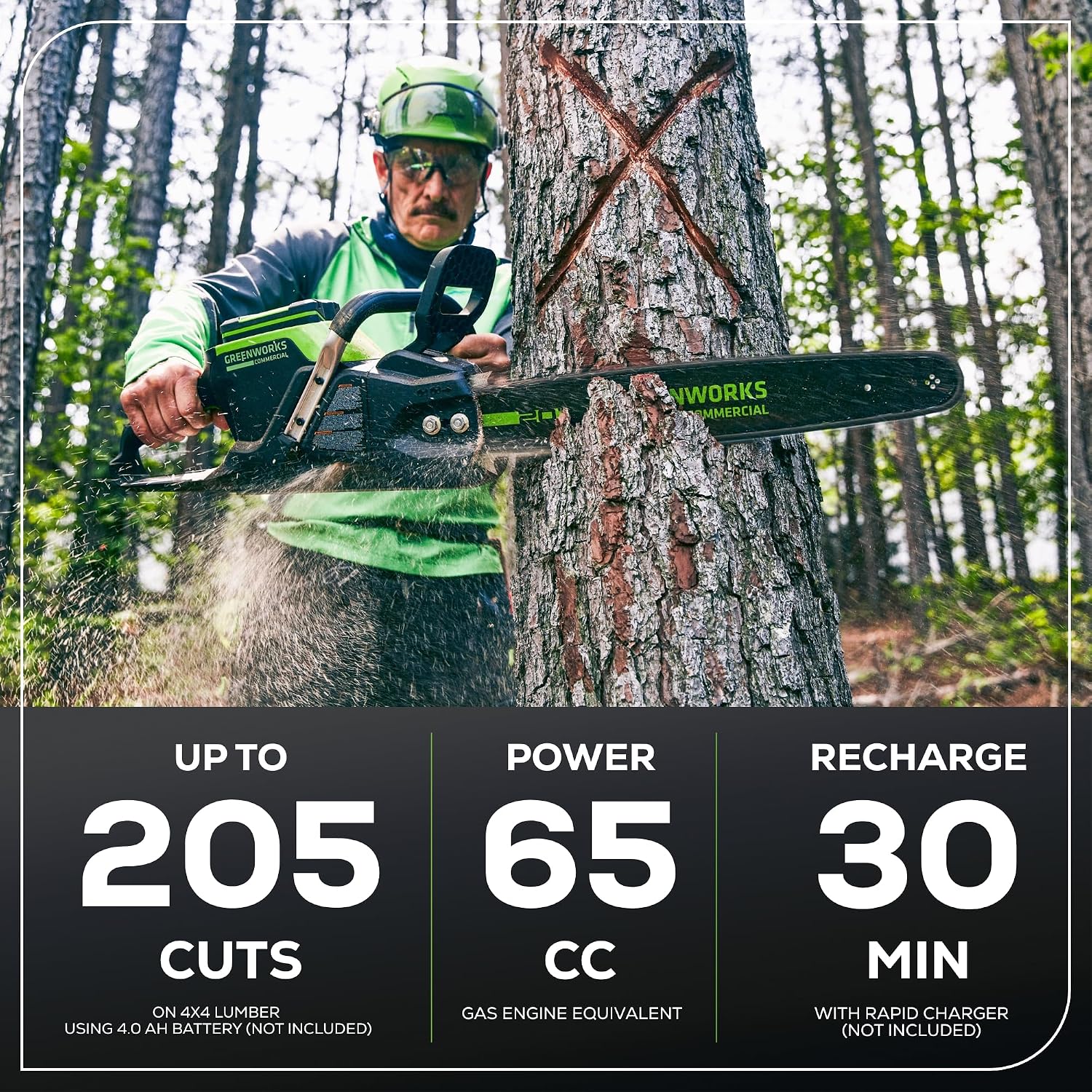 Greenworks 82V 20' Brushless (3.4 kW) Cordless Chainsaw (205 Cuts Per Charge), 4.0Ah Battery and Dual Port Rapid Charger (Great For Landscapers and Professionals)