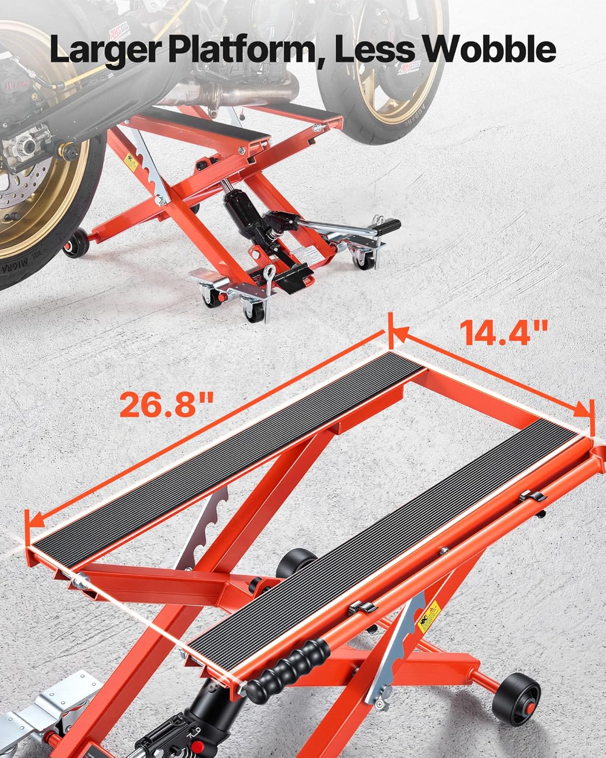VEVOR Hydraulic Motorcycle Lift Jack, 1100 lbs Capacity, Scissor Lift Jack Portable Motorcycle Hoist Stand with 6 Wheels, 4.72'-15.15' Height Range, Hydraulic Foot-Operated Hoist Stand for Dirt Bikes