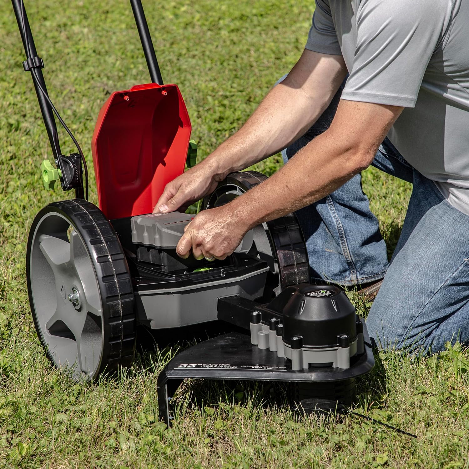 Earthquake 60V Walk Behind String Mower, Includes Two 4Ah Batteries, 22' Cutting Diameter, Three Cutting Speed Dial, 14' Never-Go-Flat Wheels, Easy Assembly, Adjustable Handlebar, Model #44965