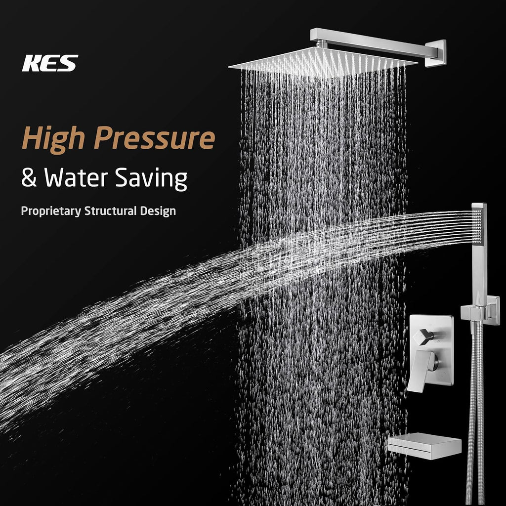KES Shower Faucet Set 12 Inch Rain Shower Head 3-Function Shower System with Tub Spout Rainfall Shower Head with Handheld Shower, Pressure Balance Valve Brushed Nickel, XB6305F18S12-BN