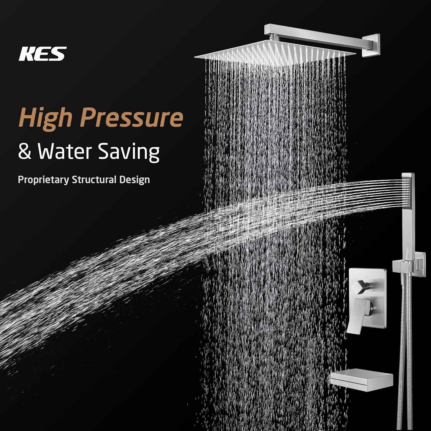 KES Shower Faucet Set 12 Inch Rain Shower Head 3-Function Shower System with Tub Spout Rainfall Shower Head with Handheld Shower, Pressure Balance Valve Brushed Nickel, XB6305F18S12-BN