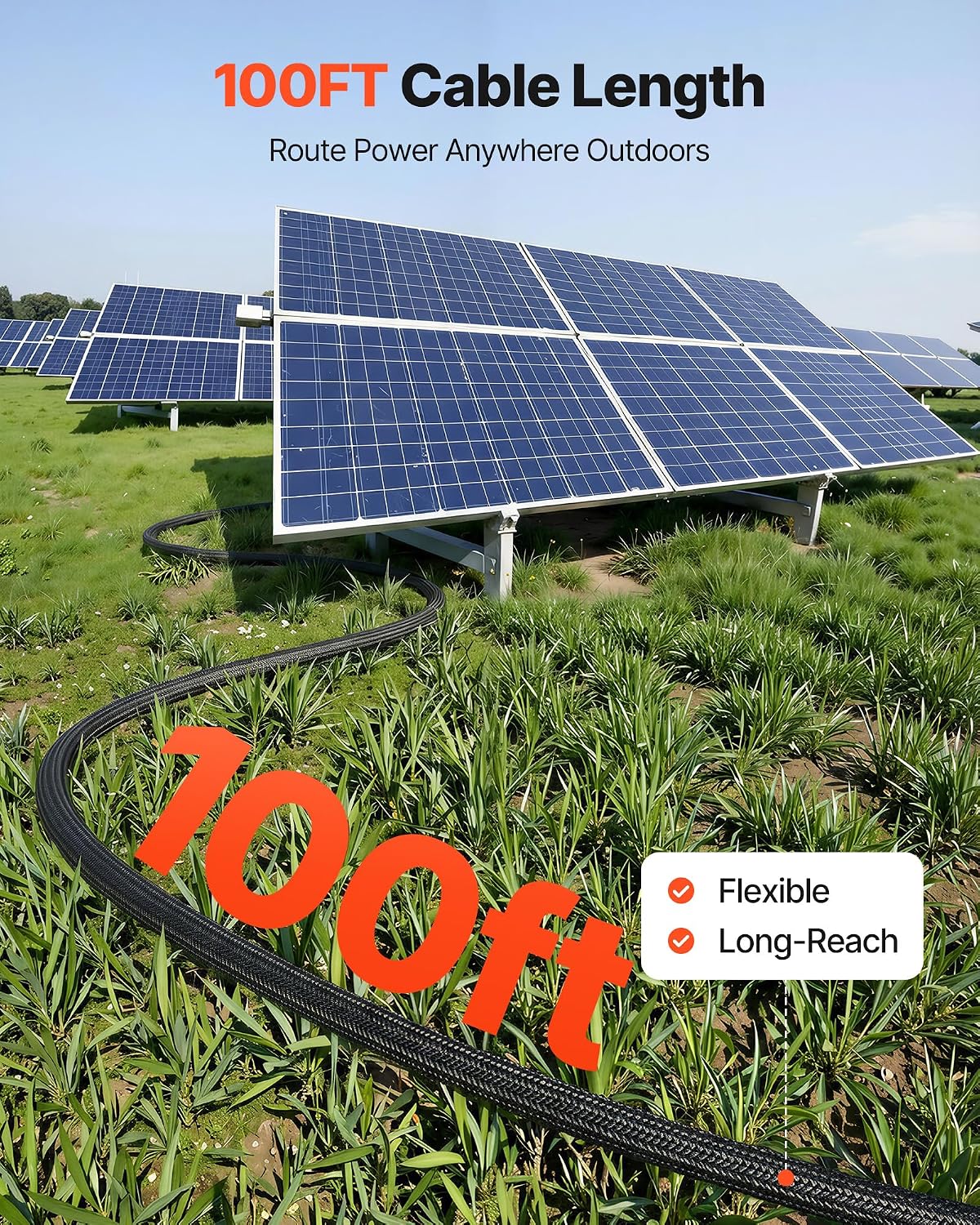 VEVOR 100FT Solar Panel Extension Cable, 10 AWG, Solar Panel Wire with Flame Retardant Protective Sleeving, Female and Male Connectors, IP67 Waterproof PV Wire, for Outdoor Automotive RV, Black & Red