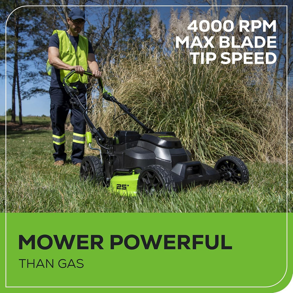 Greenworks 82V Bundle - 25' Brushless (Self-Propelled) Cordless Lawn Mower, (2) 4.0Ah Batteries and Dual Port Rapid Charger + Bonus 4.0Ah Battery (Bonus Battery)