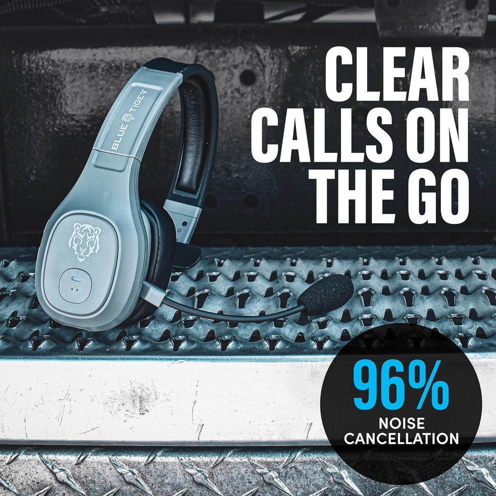Blue Tiger Storm Gray - Premium Trucker Bluetooth Headset - Wireless Noise Canceling Mono Headset with Mic - High-Fidelity Sound, 30-Hour Talk Time, USB-C Charging - for Truck Drivers, Bluetooth 5.0