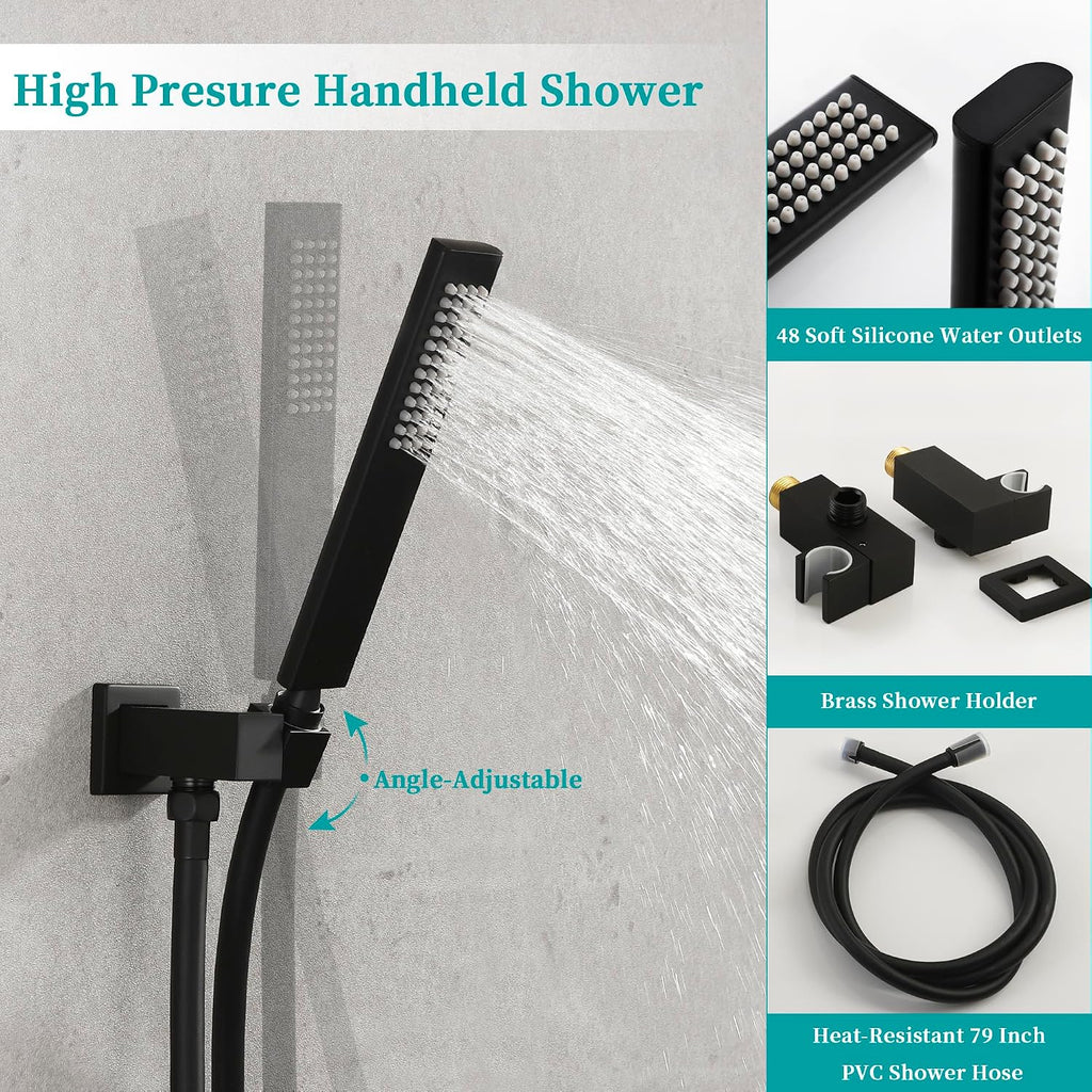 SKOWLL Ceiling Mount Shower System 10 Inch LED Rain Shower Head with Handheld, High Pressure Rainfall Bathroom Shower System Matte Black Shower Faucet Set with Rough in Valve