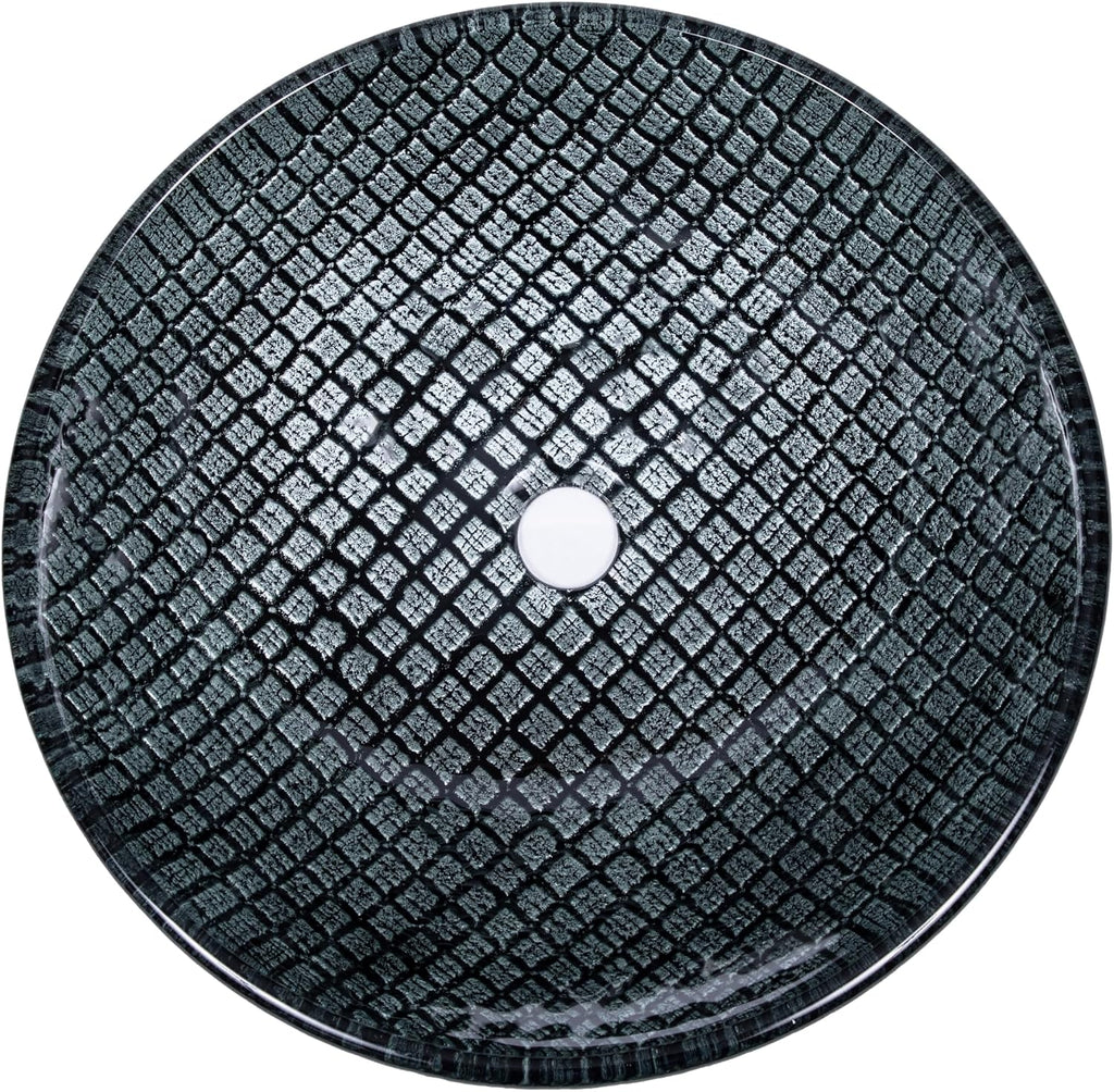 Eden Bath Silver & Black Squares Round Glass Sink Bowl Bathroom Vessel Sink for Vanity Top