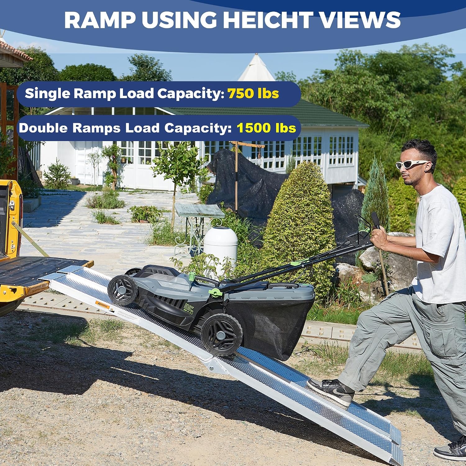 Aluminum Truck Ramps for ATV, UTV, Lawn Mower, Pickup Trucks - 1500LB Capacity 7.5FT Heavy Duty Loading Ramps with Handle & Buckle, Silver, 2PCS