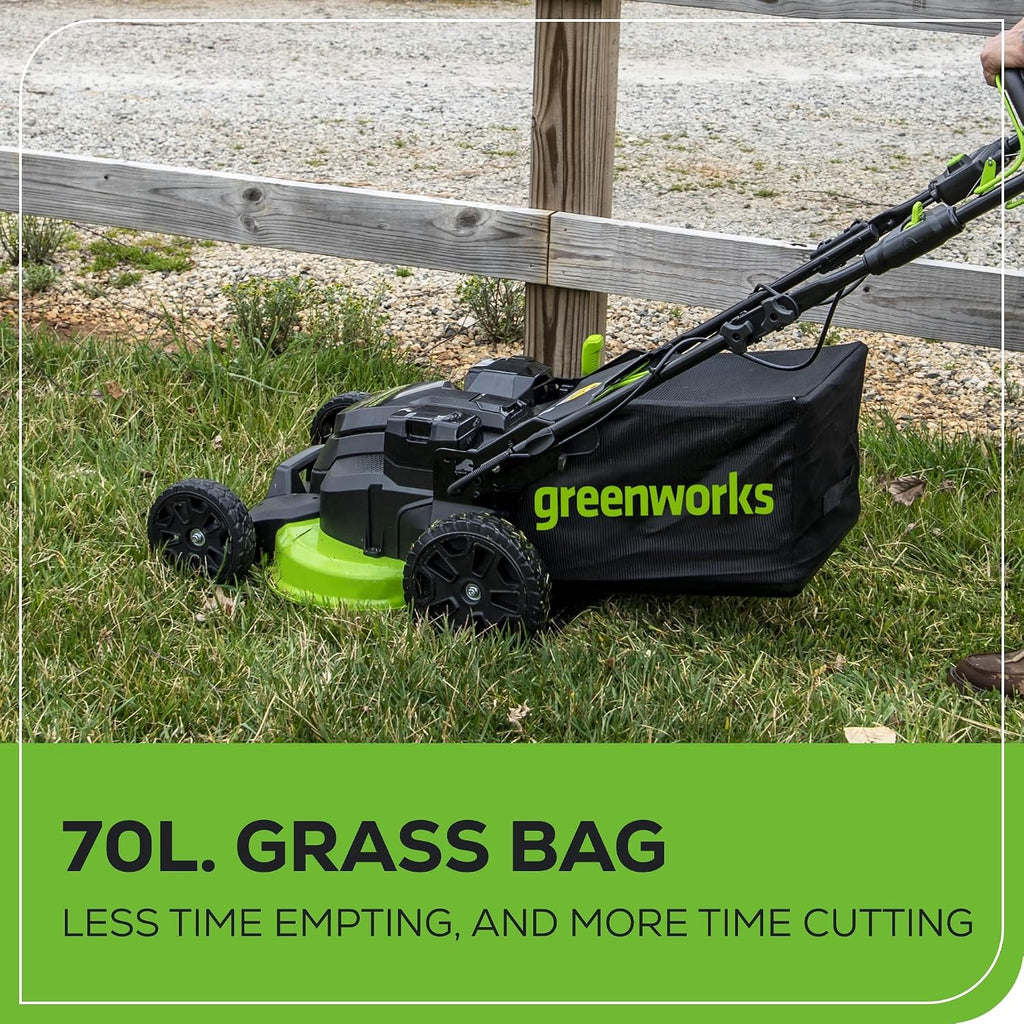 Greenworks 82V Bundle - 25' Brushless (Self-Propelled) Cordless Lawn Mower, (2) 4.0Ah Batteries and Dual Port Rapid Charger + Bonus 4.0Ah Battery (Bonus Battery)
